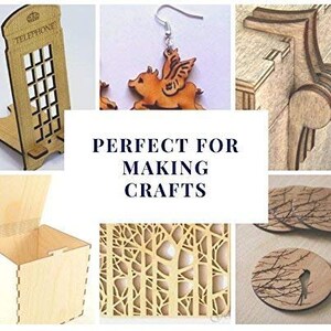 May include: A collage of images showcasing various laser cut wood crafts. The images include a wooden phone stand, a pair of earrings with a pig design, a wooden box, a set of coasters with a tree design, and a wooden box with a tree design. The text "PERFECT FOR MAKING CRAFTS" is displayed in the center of the collage.