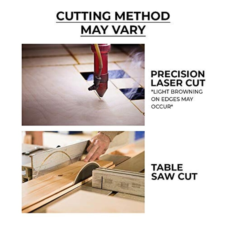 May include: Two images showing different cutting methods for wood. The top image shows a laser cutting a piece of wood with a red laser beam. The bottom image shows a table saw cutting a piece of wood. The text *Light browning on edges may occur* is visible in the top image.