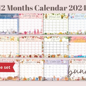 Calendar 2024 Bundle, Editable Monthly Planner January to December 24 Printable Calendar for School Academic Work - Instant Digital Download