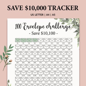 100 ENVELOPES CHALLENGE l 10,000 Saving Tracker Save 10k Printable PDF Minimalist Leaves Design  l 2 Money Saving Options - Instant Download
