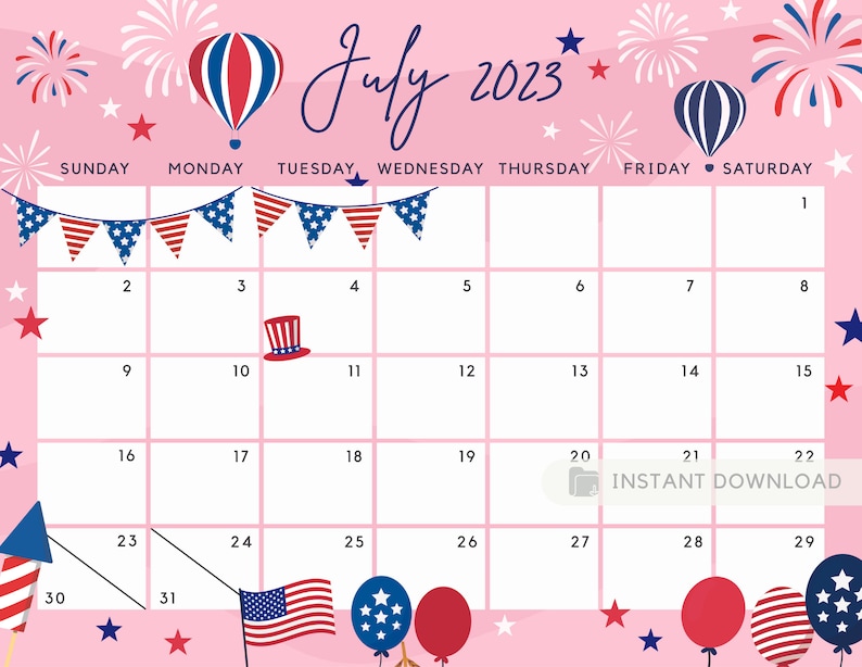 Fillable July 2023 Calendar Independence Day US Patriotic Etsy Finland