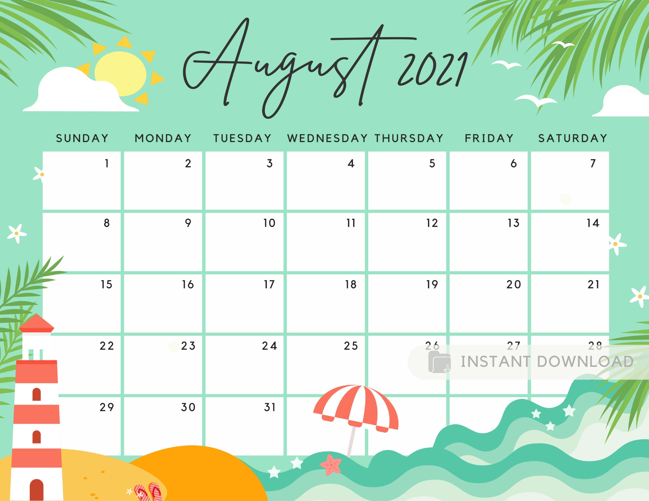 August 2021 Calendar Cute and Fun Summer Beach Sunny Day Etsy