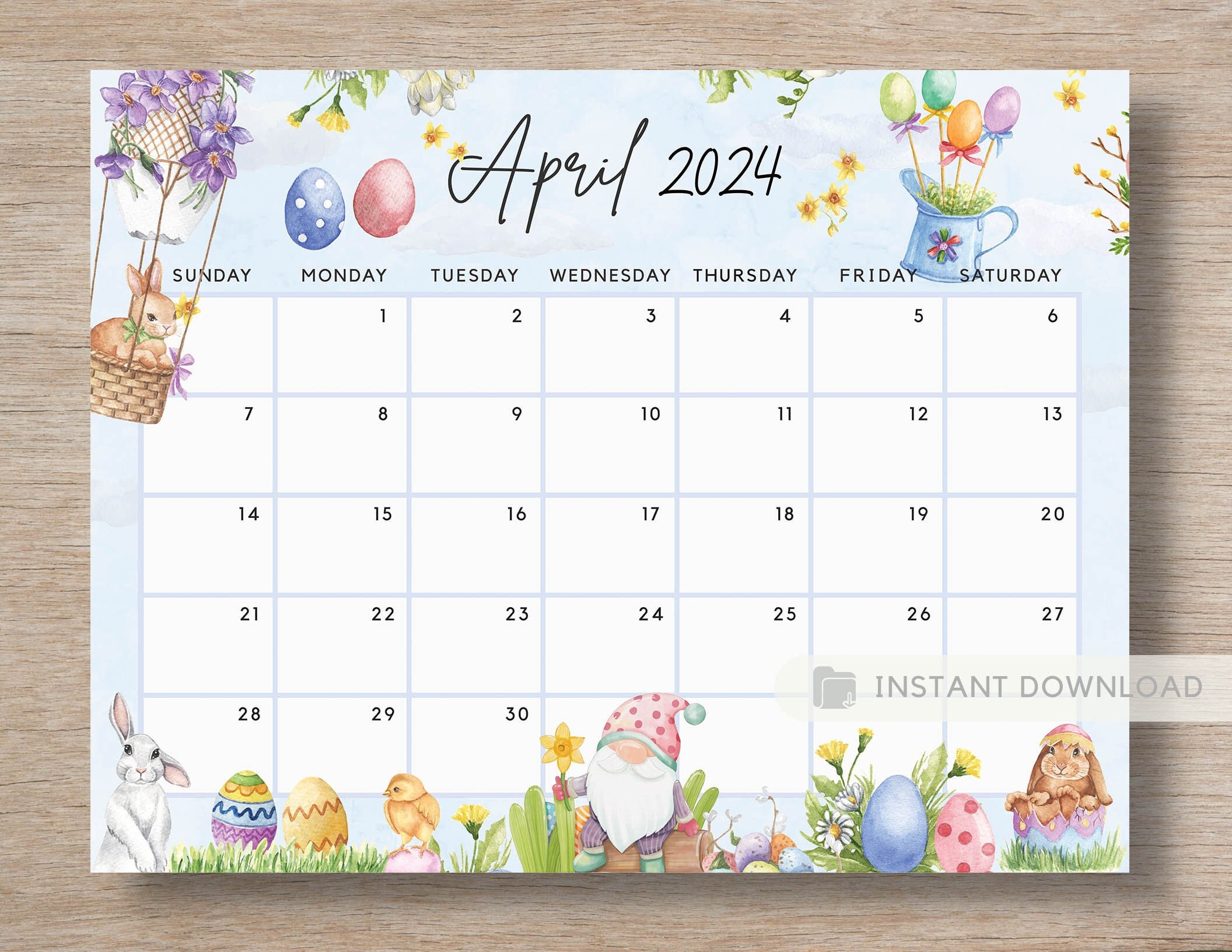 Printable April 2024 Calendar Fun Easter Bunny & Gnome Ediatble Planner