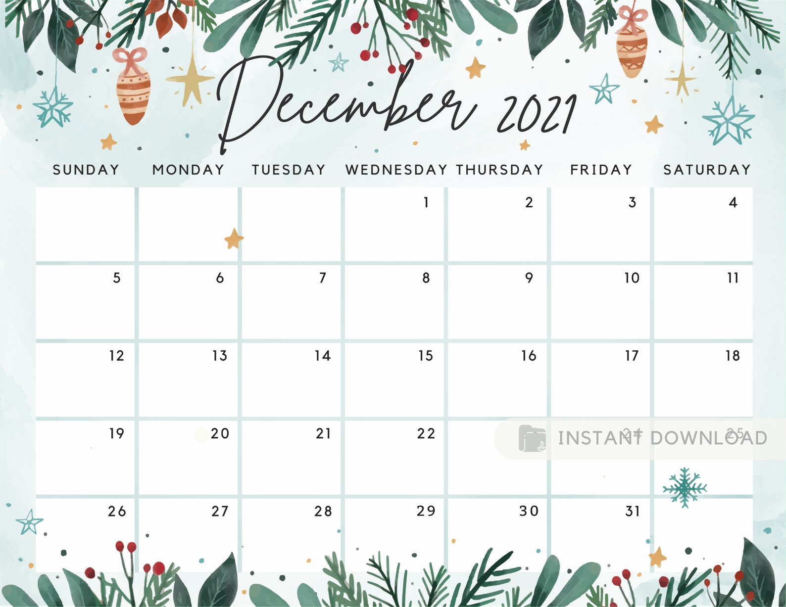 December 2021 Calendar Beautiful Winter White Christmas Theme Etsy