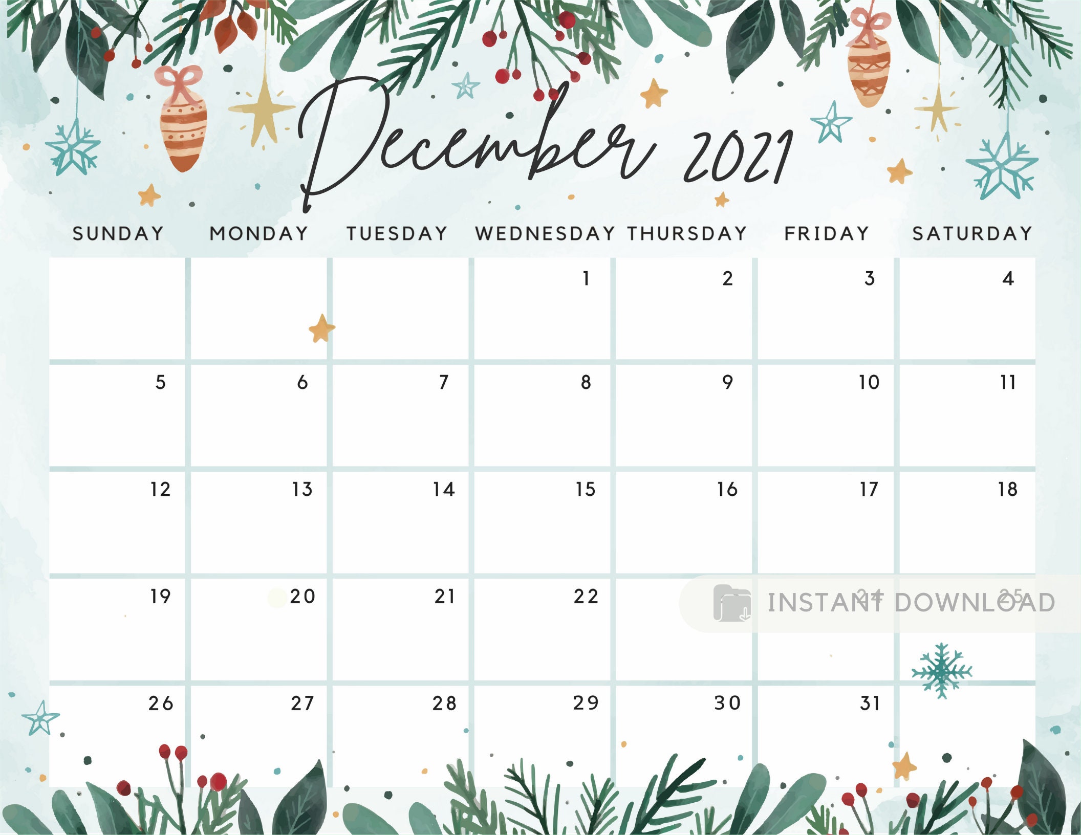 December 2021 Calendar Beautiful Winter White Christmas With Etsy