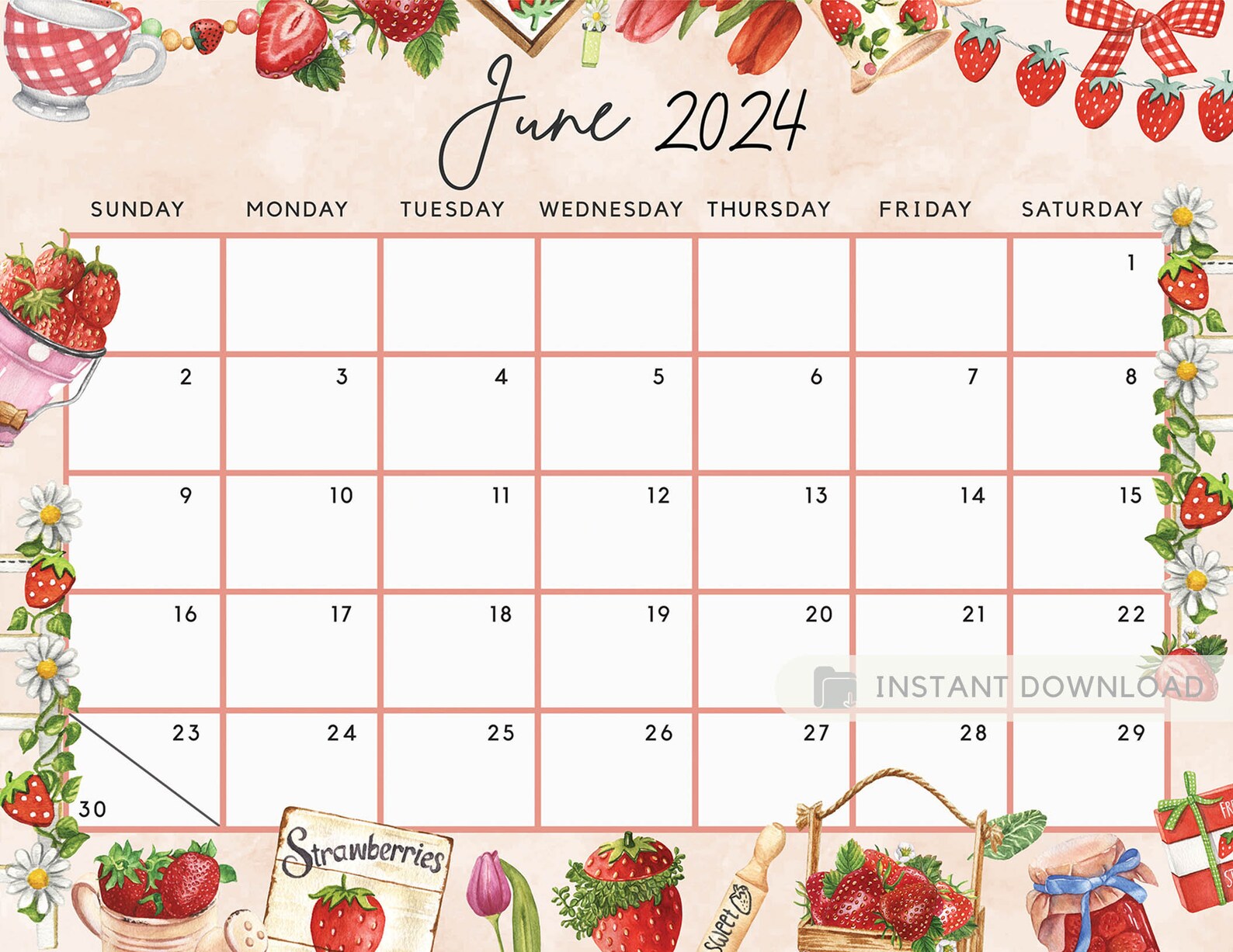 Cute June 2024 Calendar, Strawberry Gnome Sweet Spring June 24