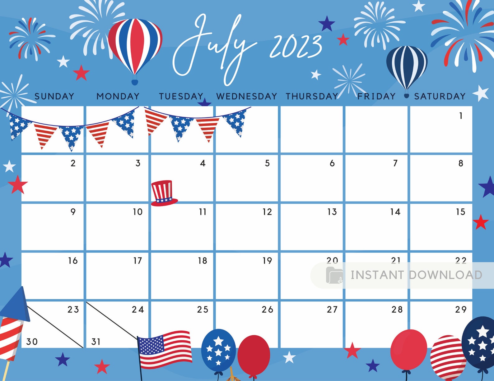 July 2023 Calendar Independence Day Patriotic 4th of July US Etsy New