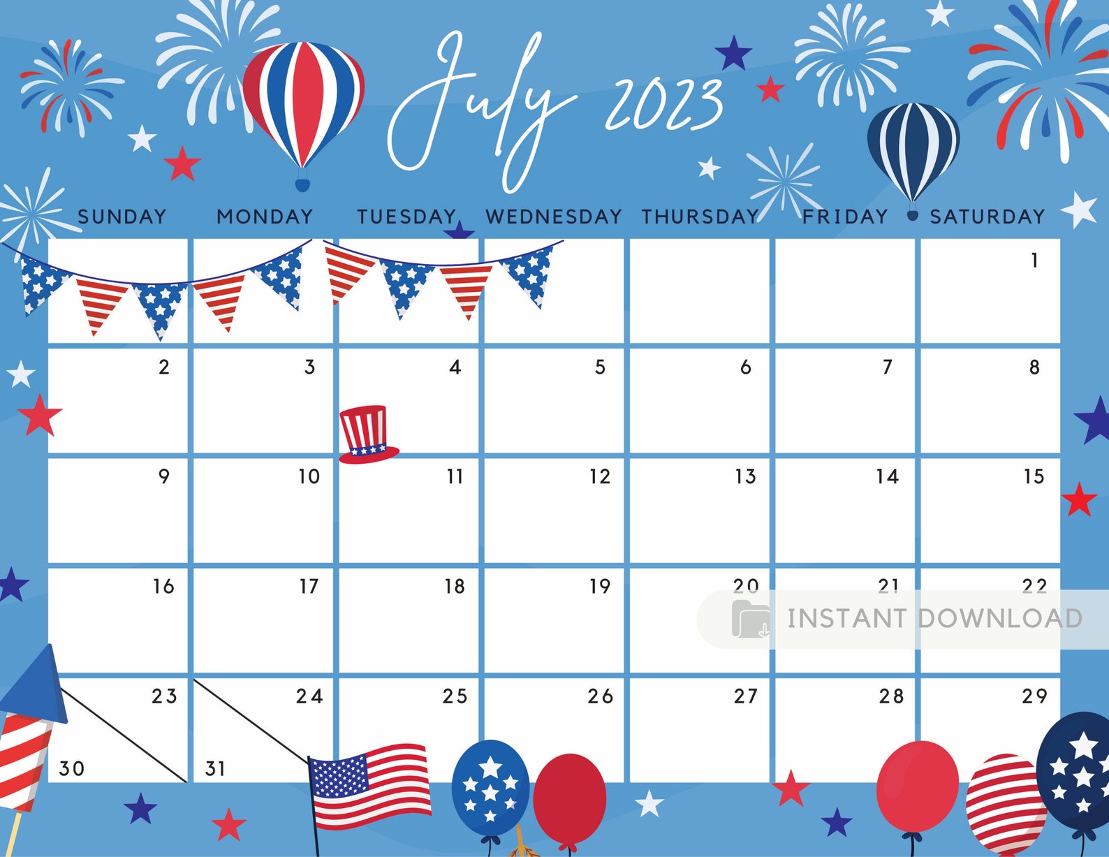 July 2023 Calendar Independence Day Patriotic 4th Of July US Etsy Canada