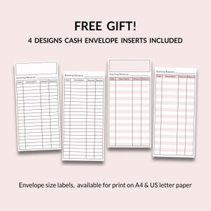 May include: Four printable cash envelope inserts with a simple design. Each insert has a table with columns for date, description, amount, and balance. The text "Starting Balance" is at the top of each insert.