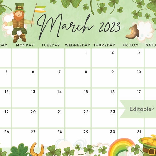 March 2023 Calendar Fillable for the Lucky Month With Clovers - Etsy