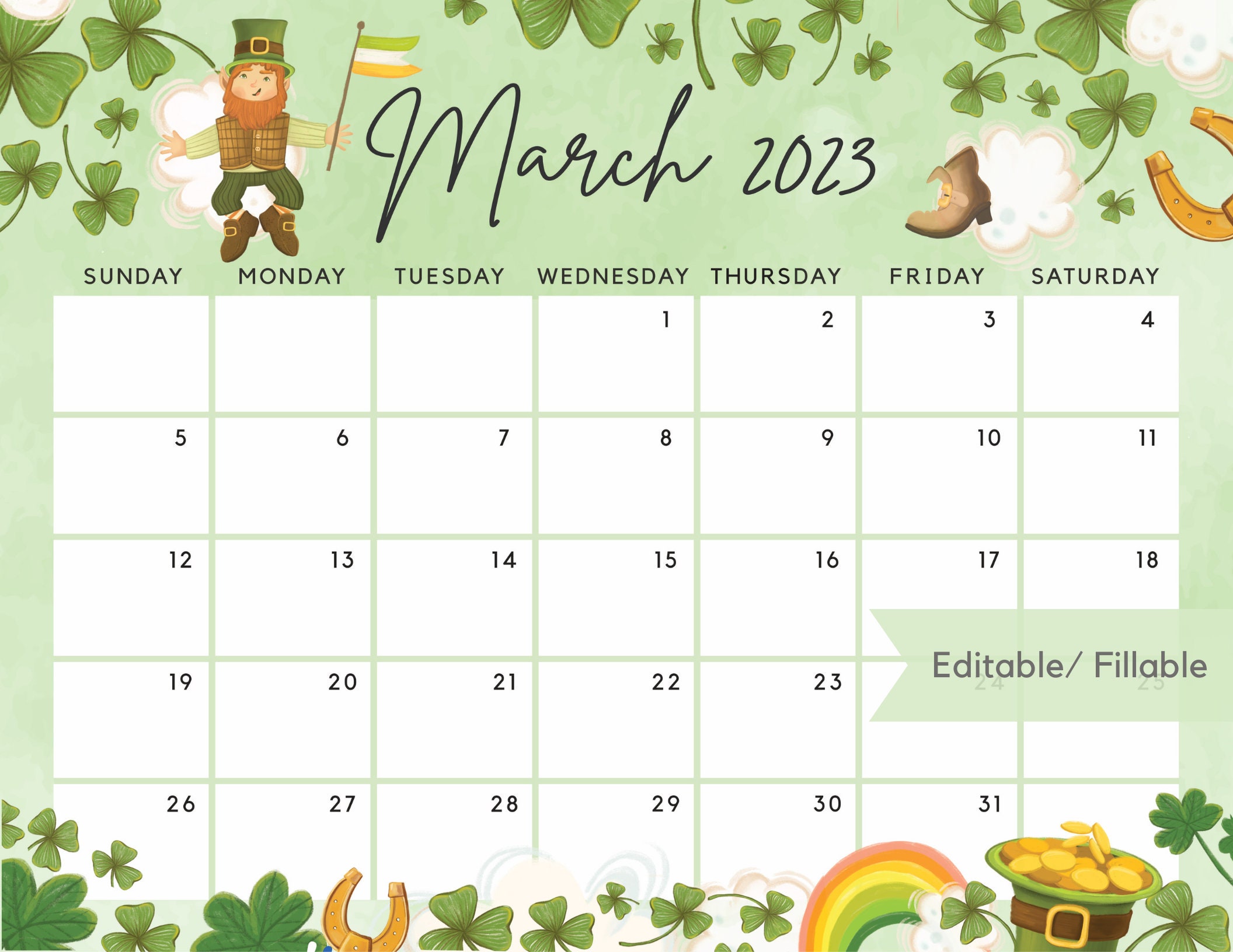 March 2023 Calendar Fillable For The Lucky Month With Clovers - Etsy