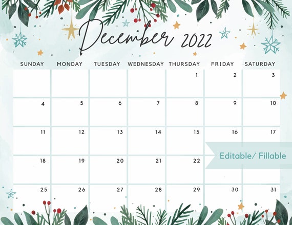 December 2022 Christmas Printable Calendar December 2022 Calendar Beautiful Winter White Christmas With | Etsy