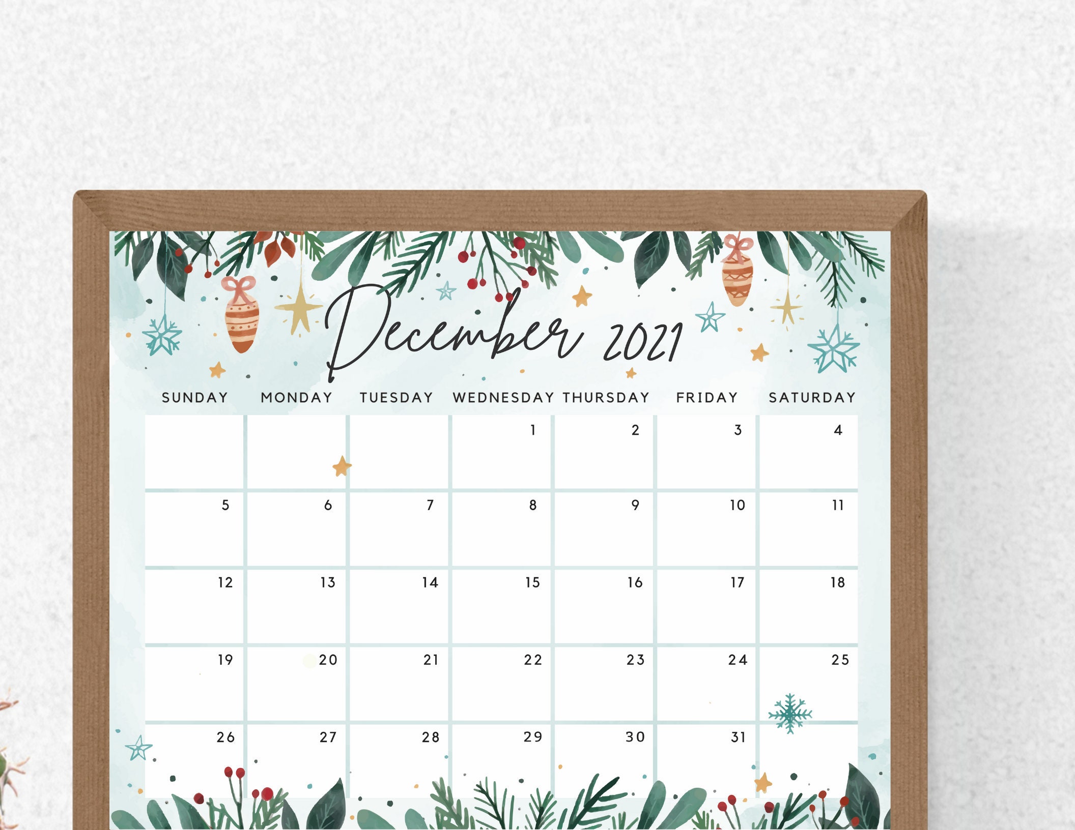 December 2021 Calendar Beautiful Winter White Christmas with Etsy