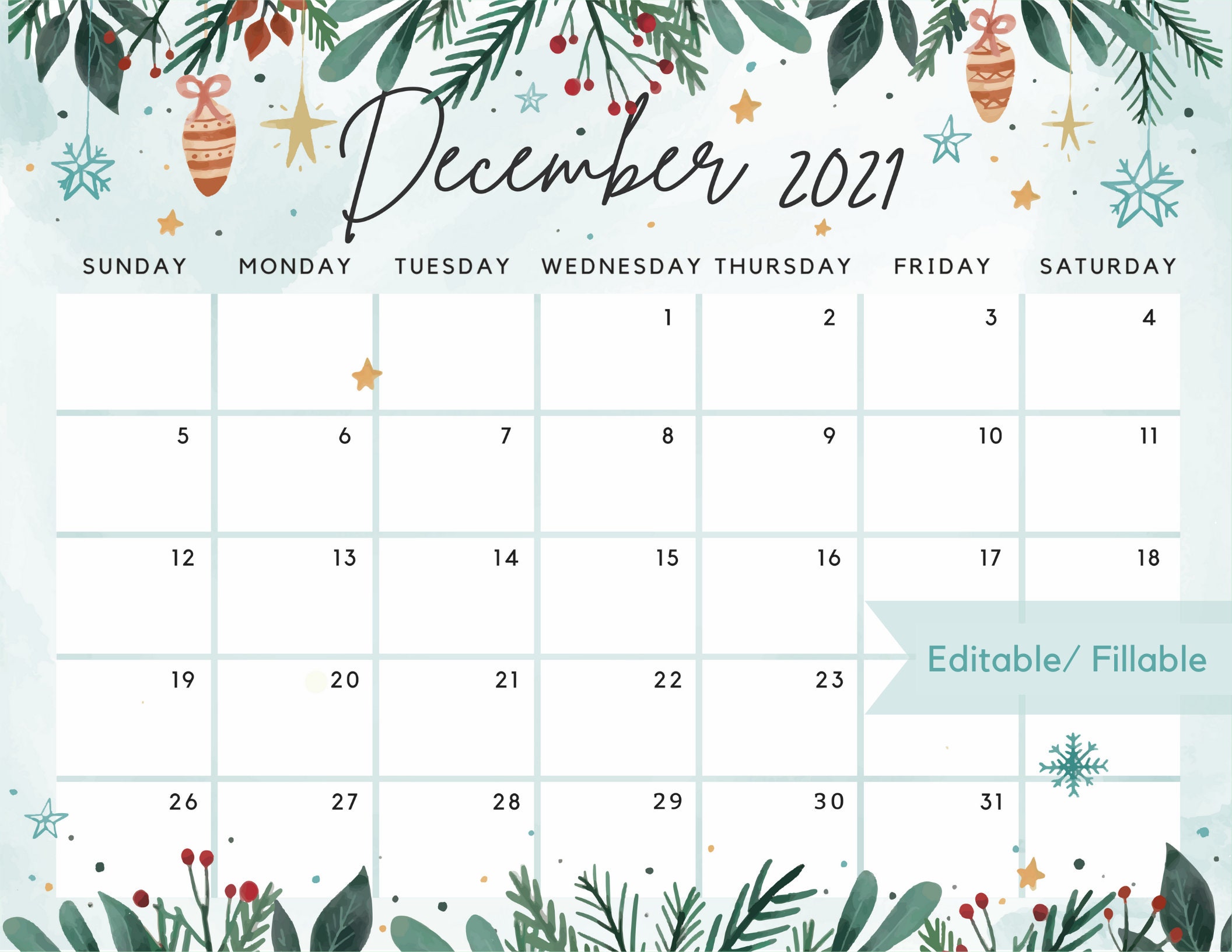 December 2021 Calendar Beautiful Winter White Christmas with Etsy