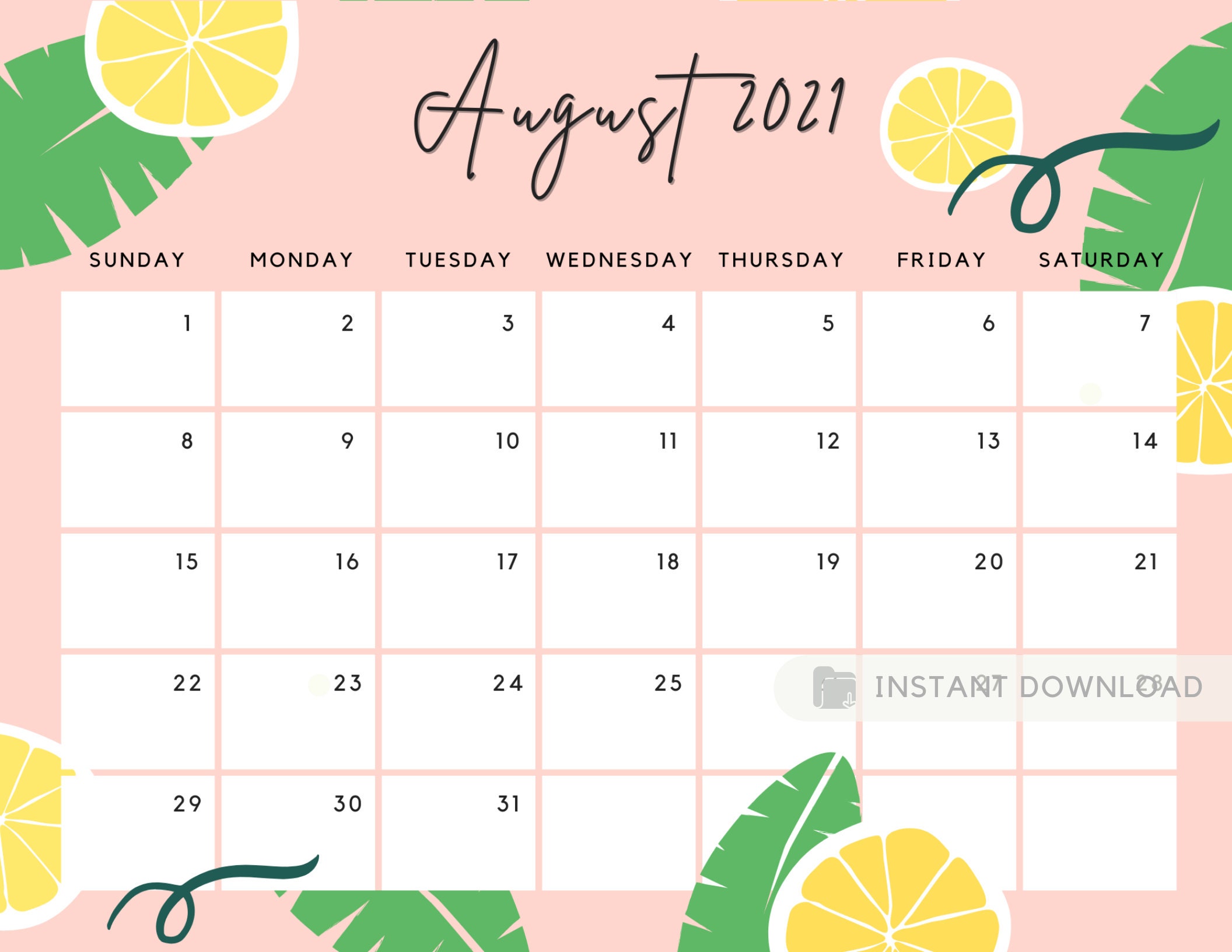 August 2021 Calendar Cute Summer Printable Calendar Pink Etsy