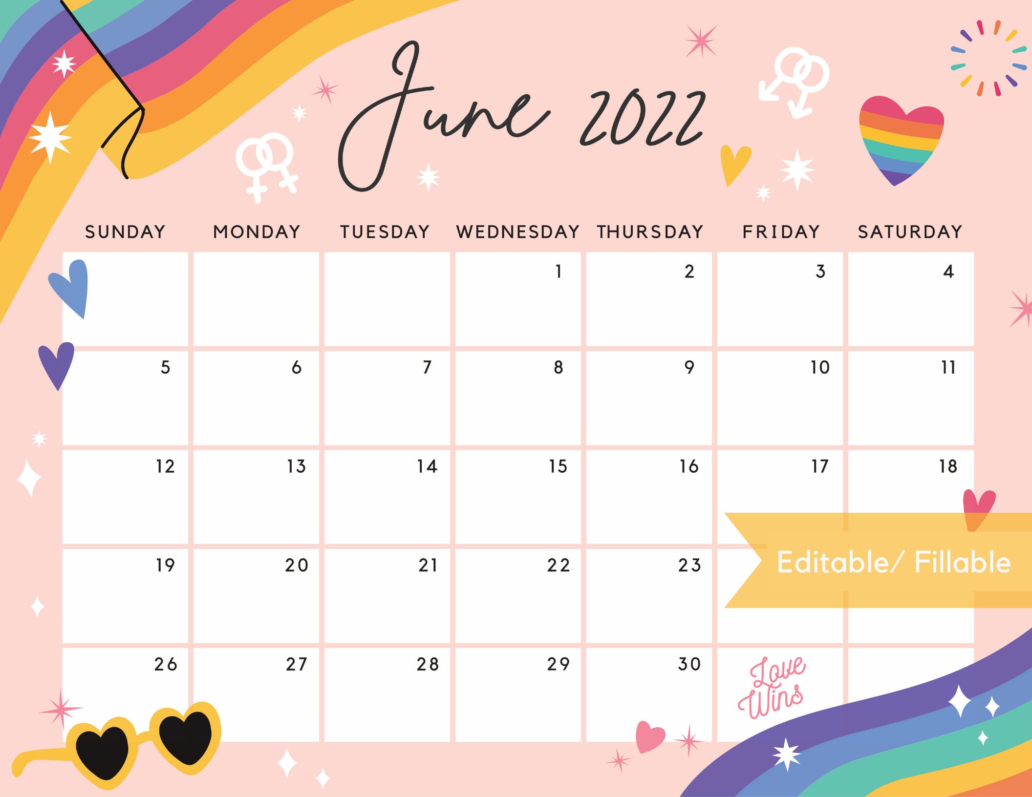 june 2022 calendar colorful summer rainbow and heart etsy