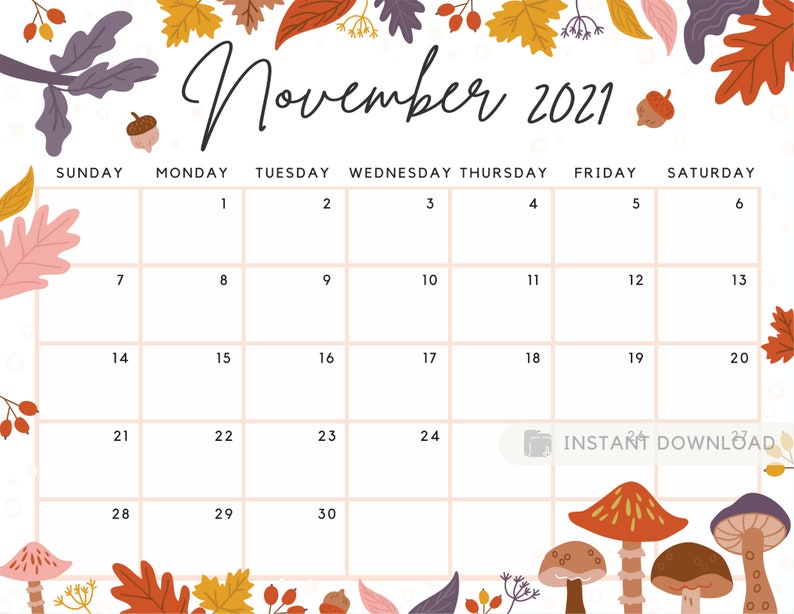 November 2021 Calendar Beautiful Fall Autumn Flowers & Etsy
