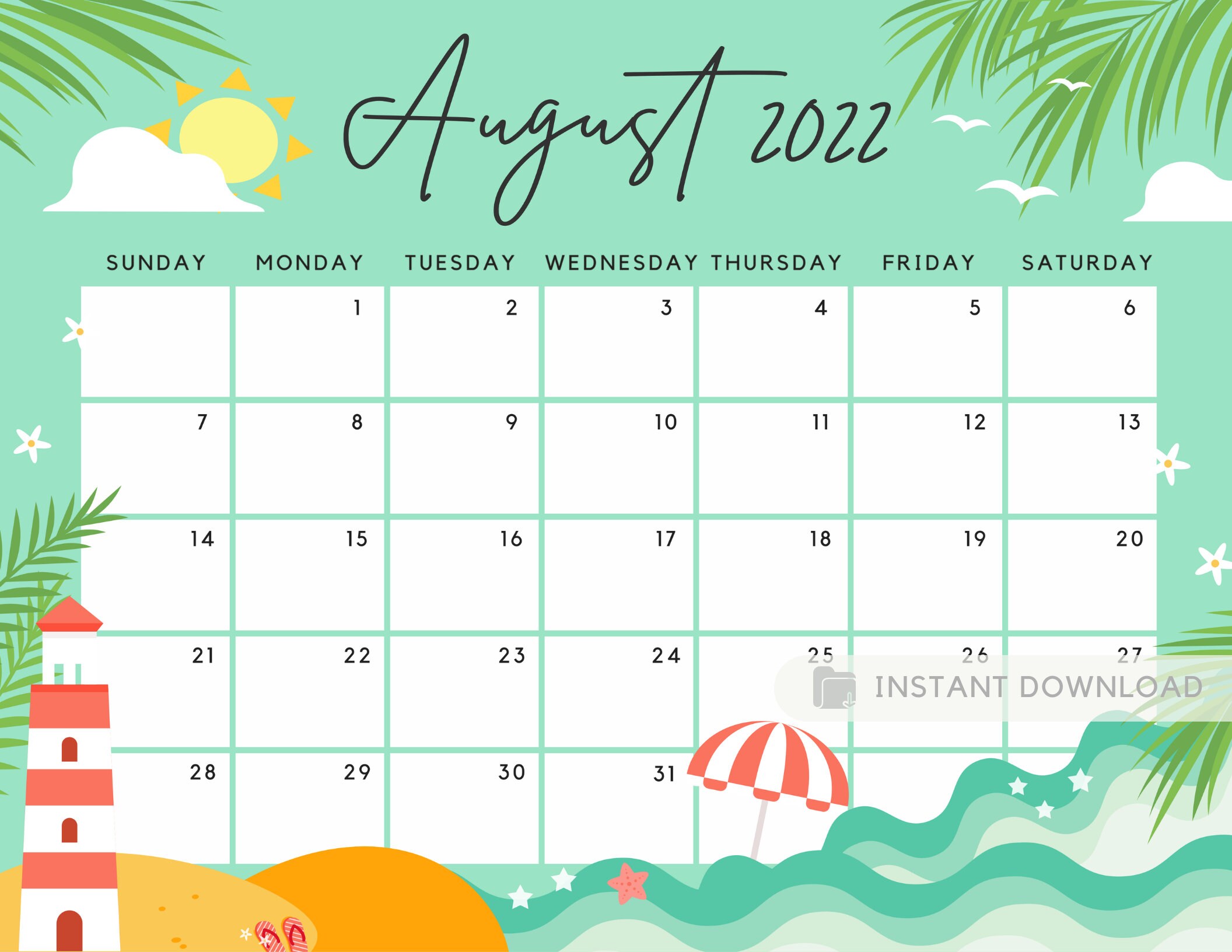 August 2022 Calendar Cute August 2022 Calendar Cute And Fun Summer Beach Sunny Day | Etsy Ireland
