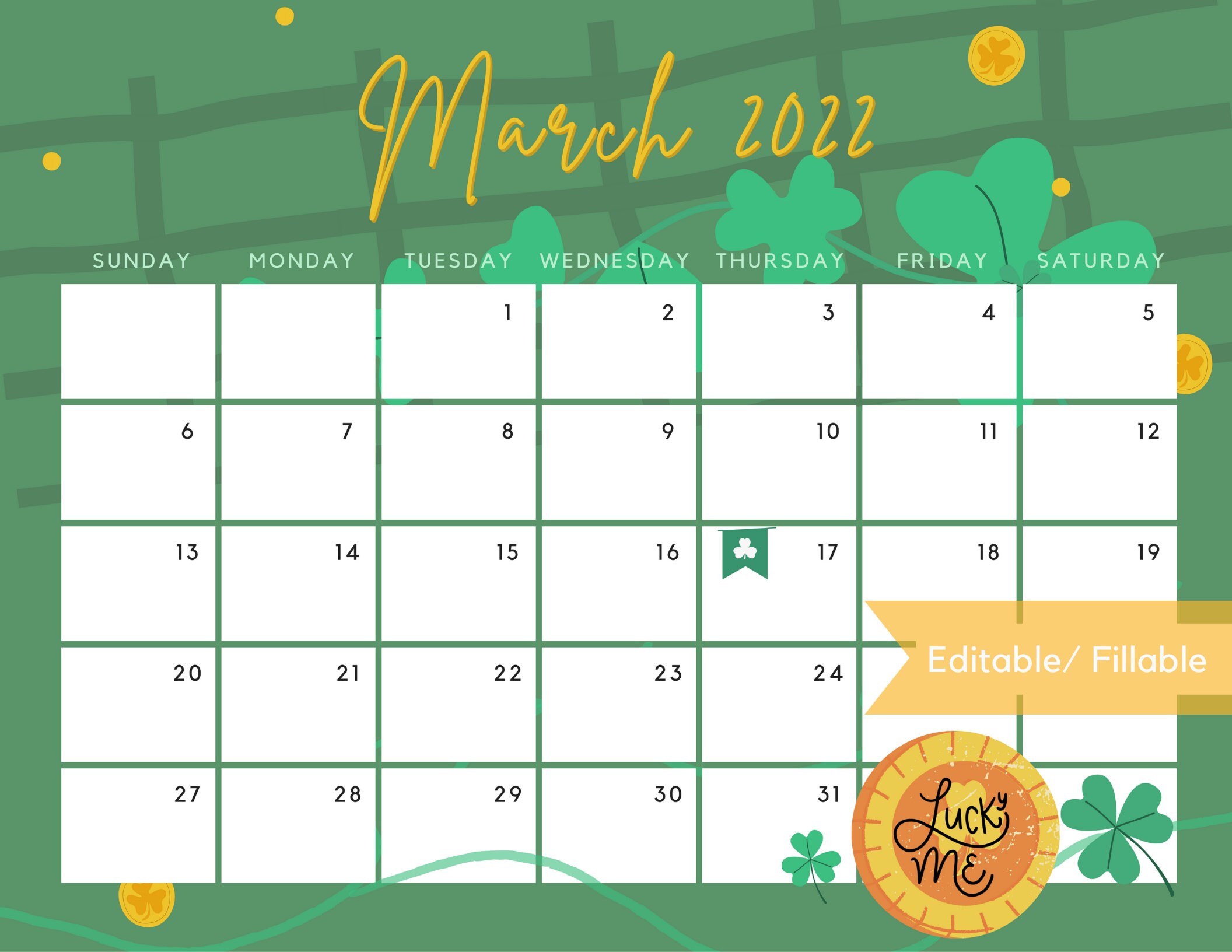march 2022 calendar printable editable cute st patrick s etsy denmark