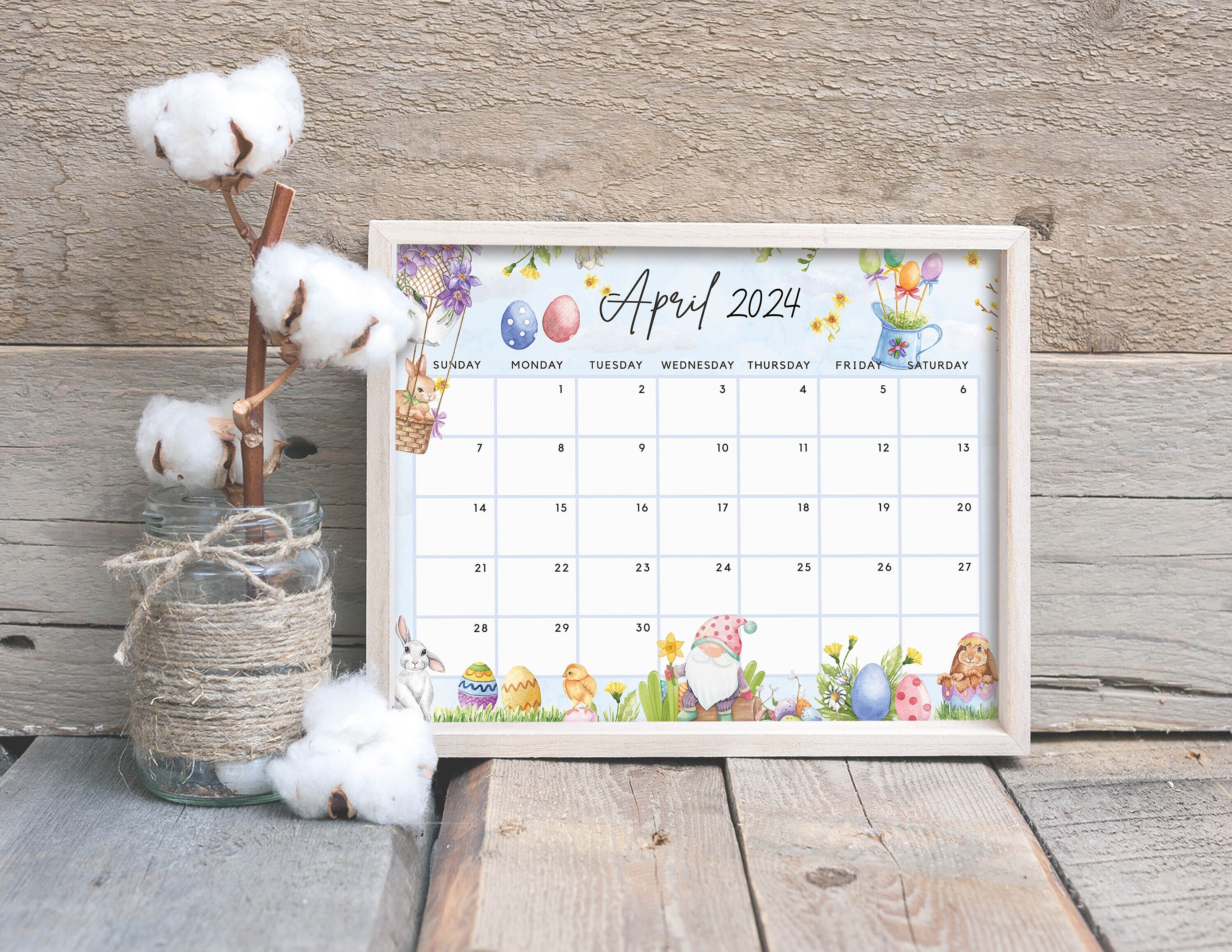Printable April 2024 Calendar Fun Easter Bunny & Gnome Etsy UK