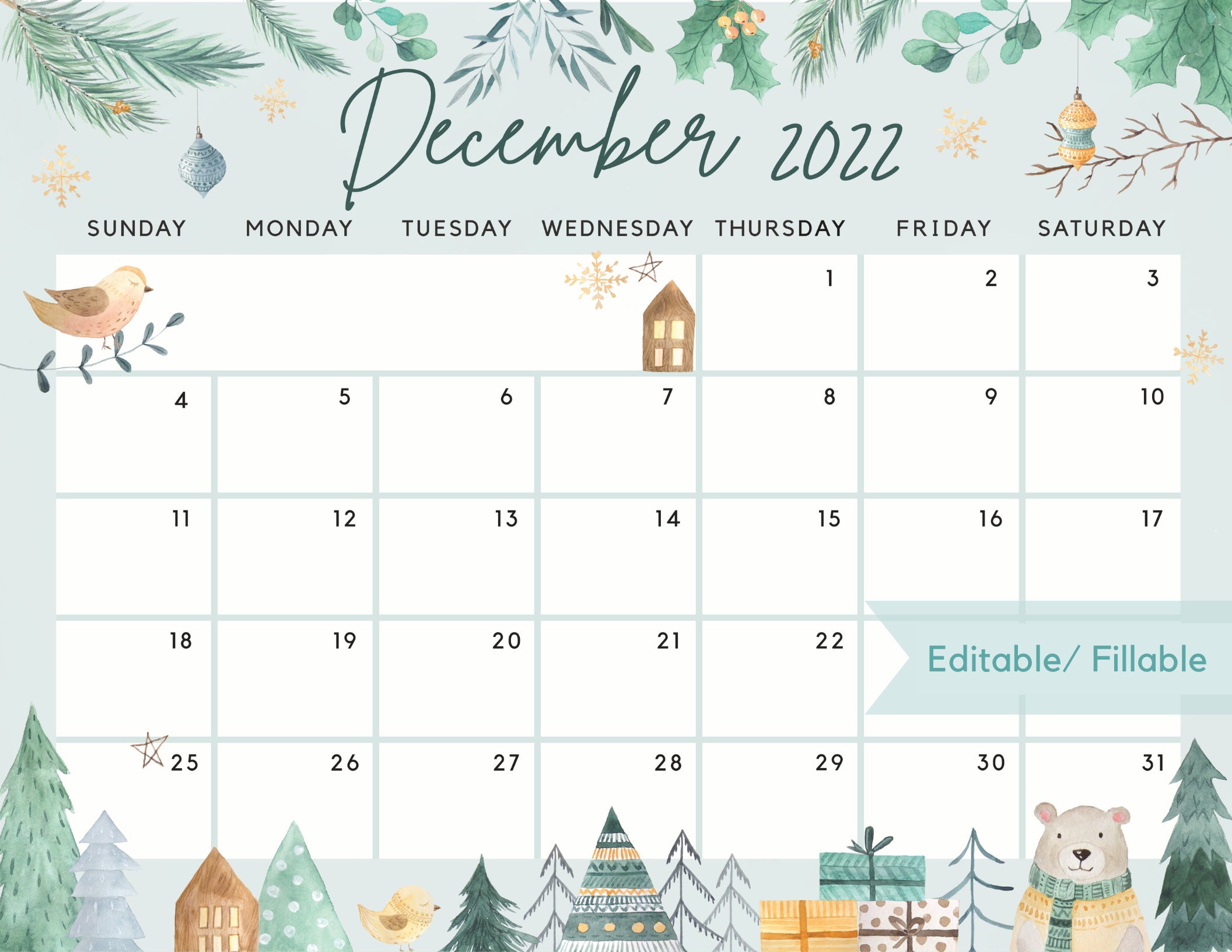 December 2022 Calendar Cute & Fun Winter White Christmas Etsy