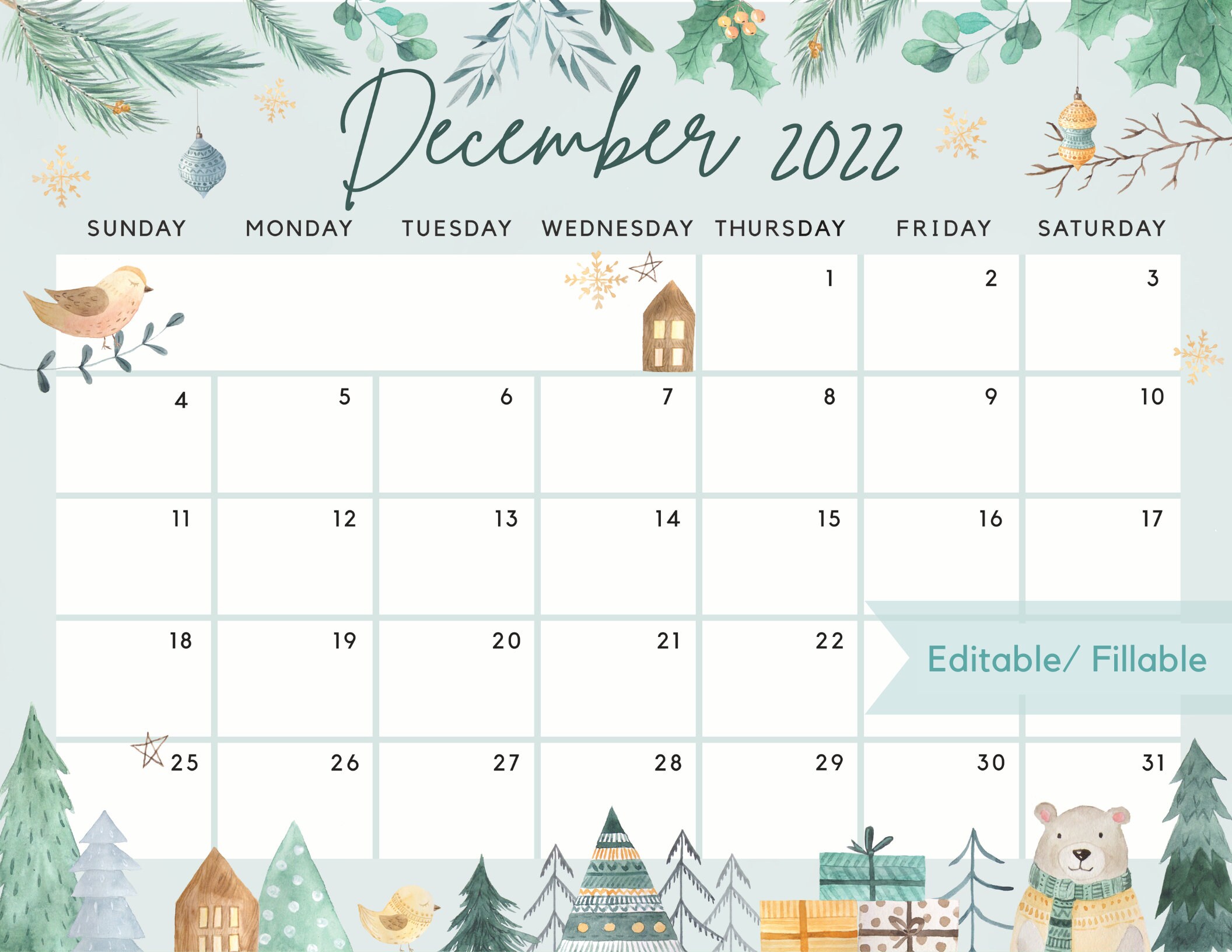 December 2022 Calendar Cute Fun Winter White Christmas Etsy