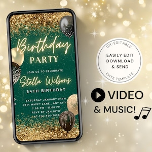 Invitation à une fête d'anniversaire, dîner électronique modifiable, invitation à une fête d'anniversaire animée, vidéo vert émeraude et or numérique e-vite DB01