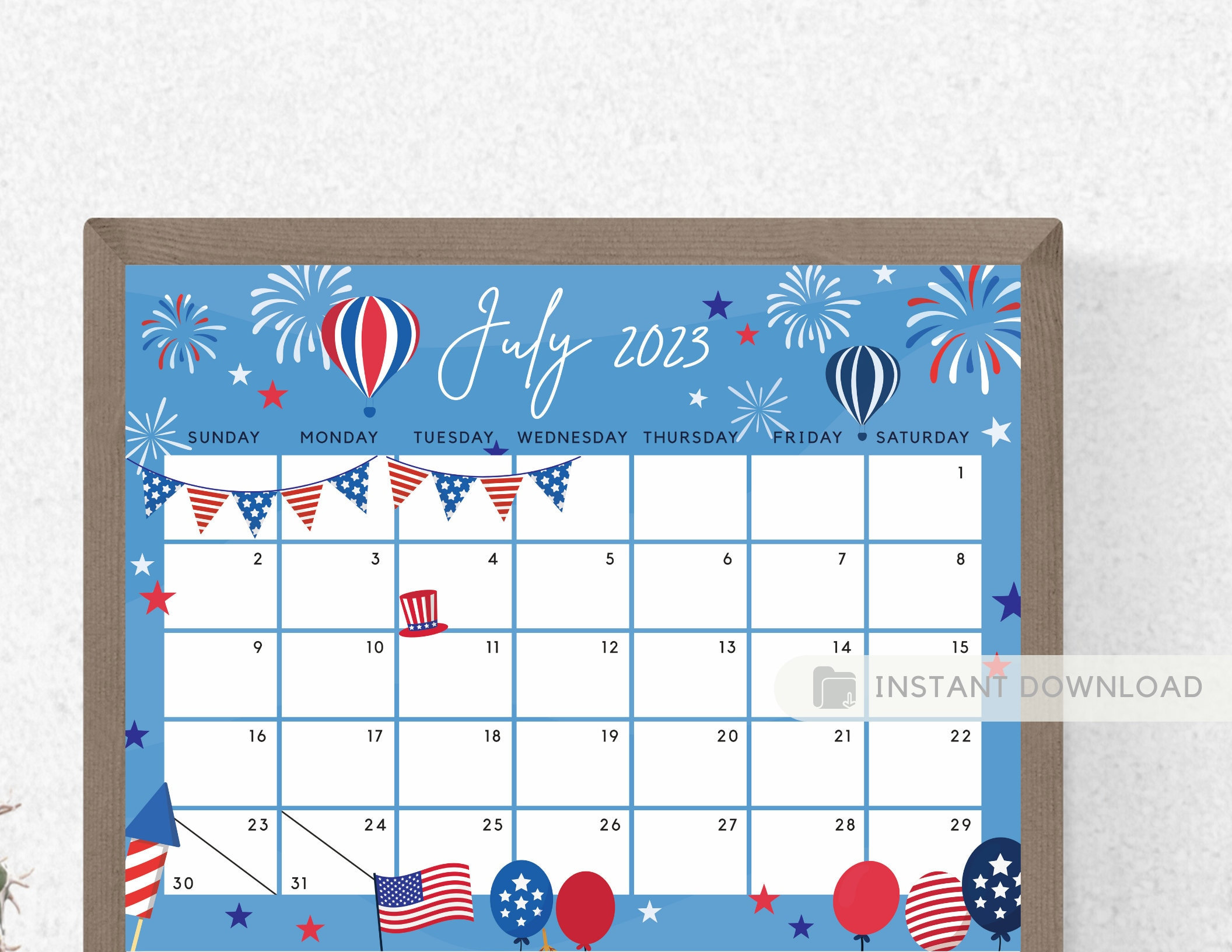 July 2023 Calendar Independence Day Patriotic 4th of July US Etsy