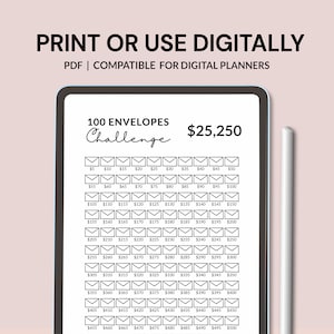 May include: A black and white printable chart with the text "100 Envelopes Challenge $25,250". The chart is divided into 10 rows and 10 columns, with each cell containing a dollar amount from $5 to $500.