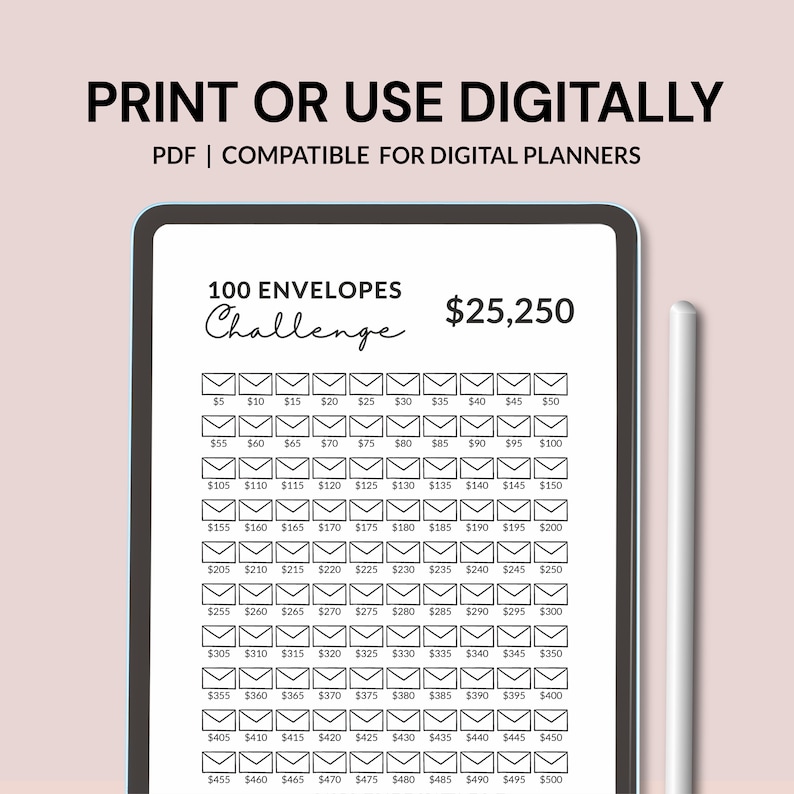 May include: A black and white printable chart with the text "100 Envelopes Challenge $25,250". The chart is divided into 10 rows and 10 columns, with each cell containing a dollar amount from $5 to $500.
