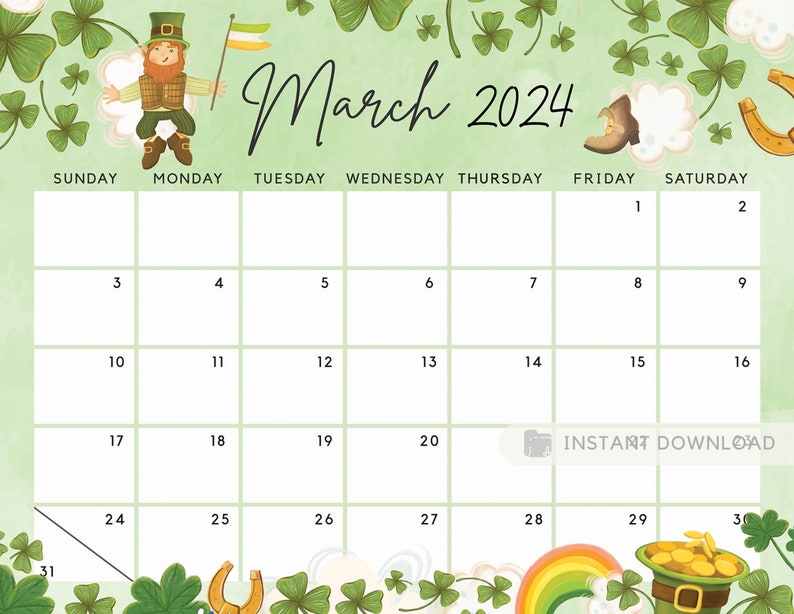 Editable March 2024 Calendar for the Lucky Month With Clovers Cute
