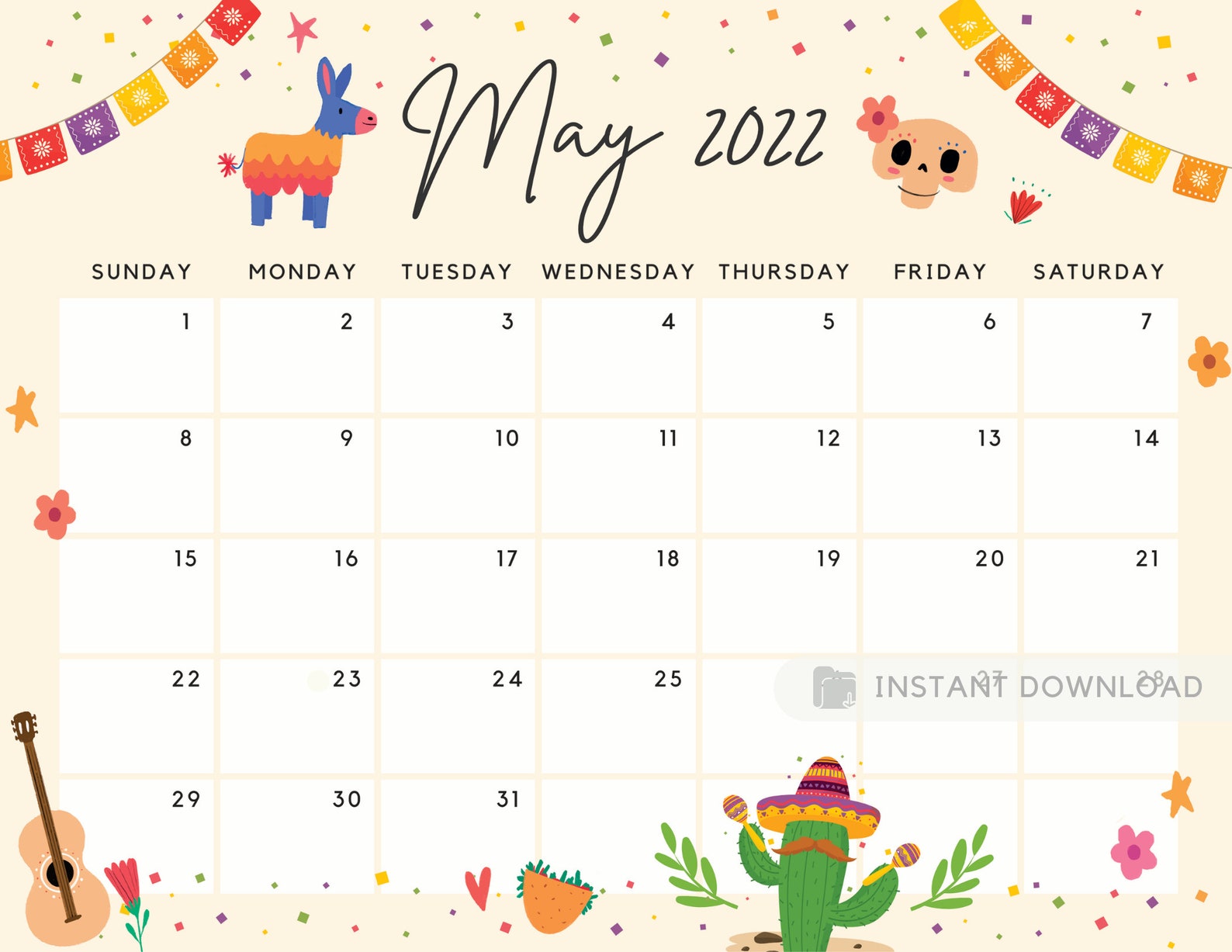 May 2022 Calendar Printable Calendar Cute And Fun Cinco De Etsy