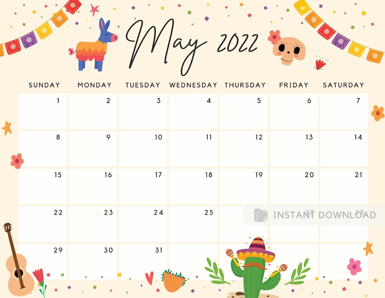 May 2022 Calendar Printable Calendar Cute & Fun Cinco De Etsy