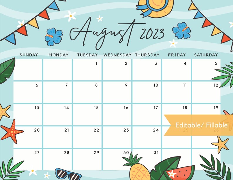 August 2023 Calendar Warm & Cute Summer Beach Printable Etsy