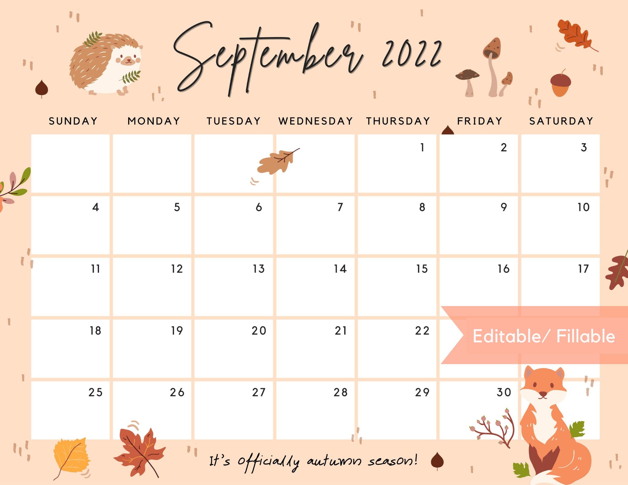 fillable september 2022 calendar cute fall autumn flowers etsy