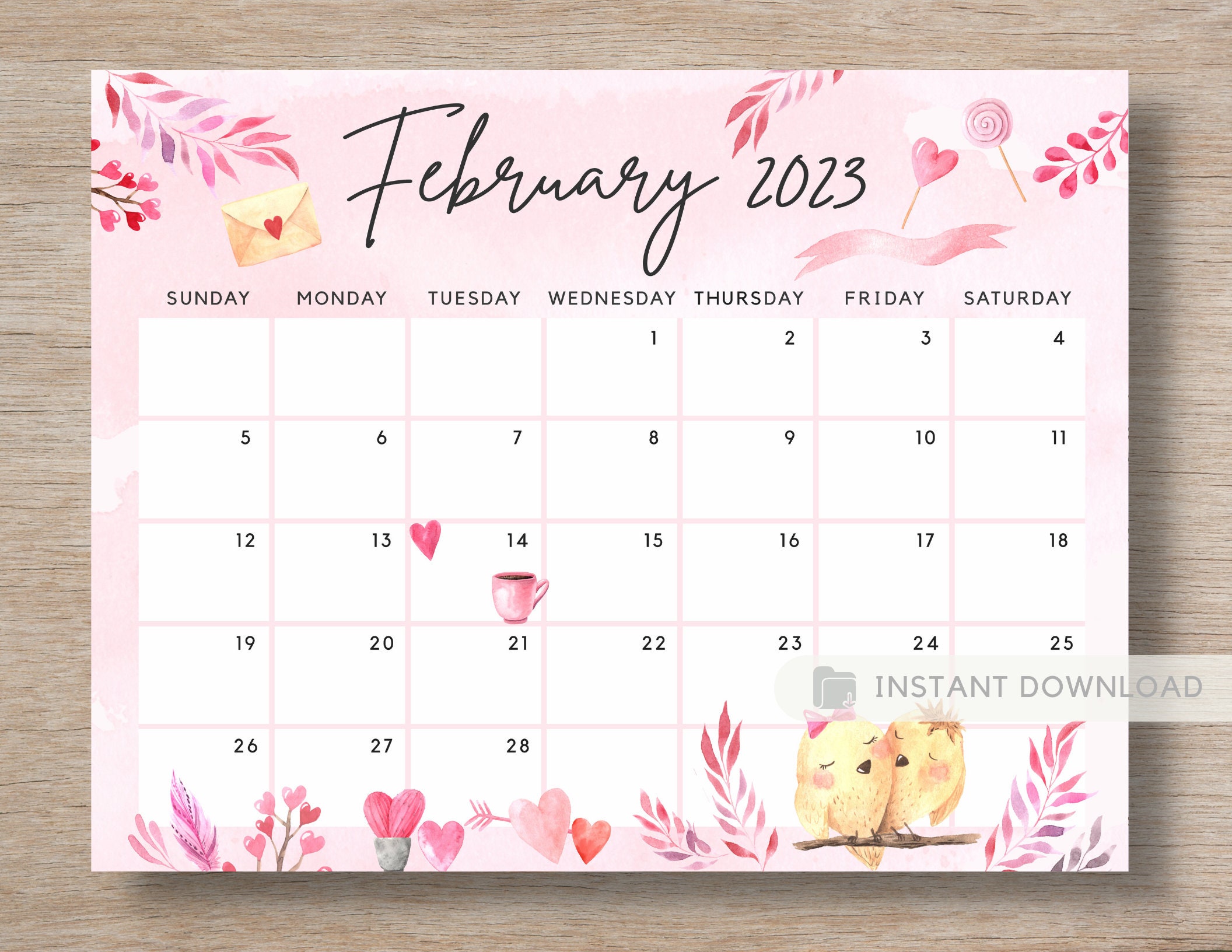 February 2023 Calendar Cute Valentine Love Day Watercolor - Etsy Finland