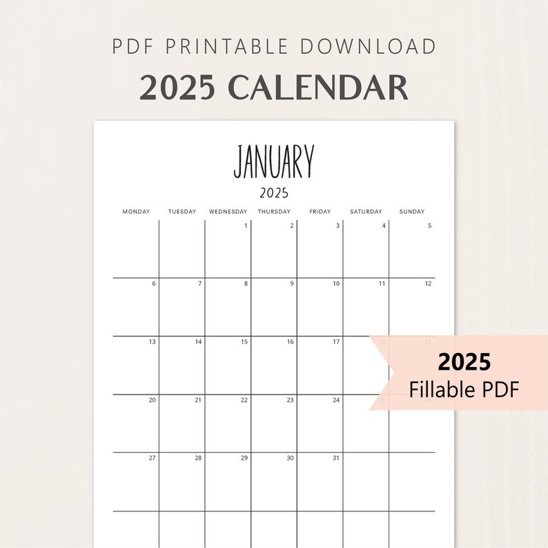 2025 Calendars PORTRAIT Blank Monthly Planner Fillable 8.5x11 Monday