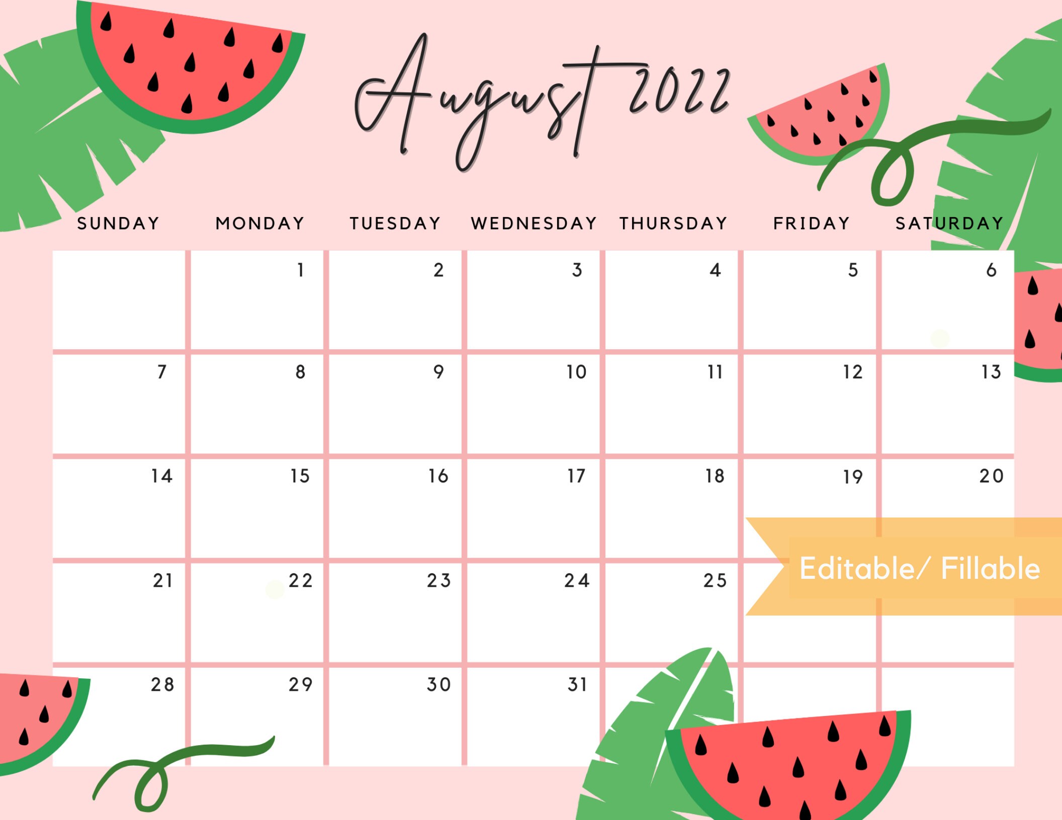 August 2022 Calendar Cute Summer Tropical Leaves & Watermelon | Etsy Ireland