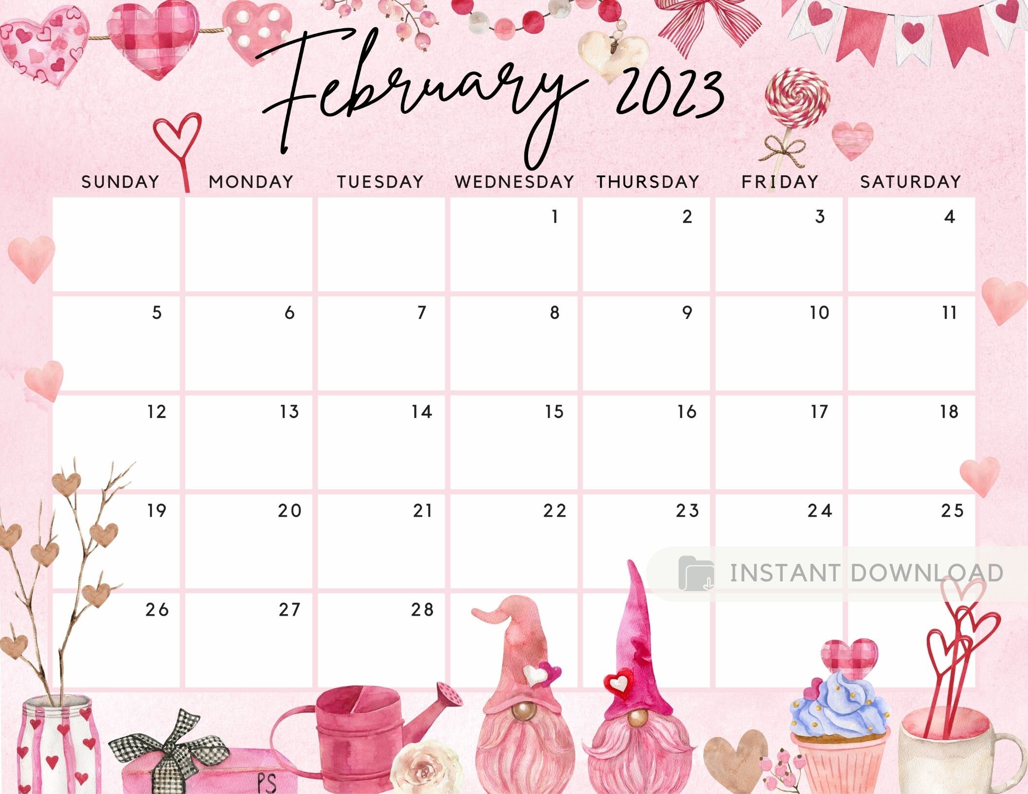 Printable February 2023 Calendar Cute Valentine Loving Gnome - Etsy