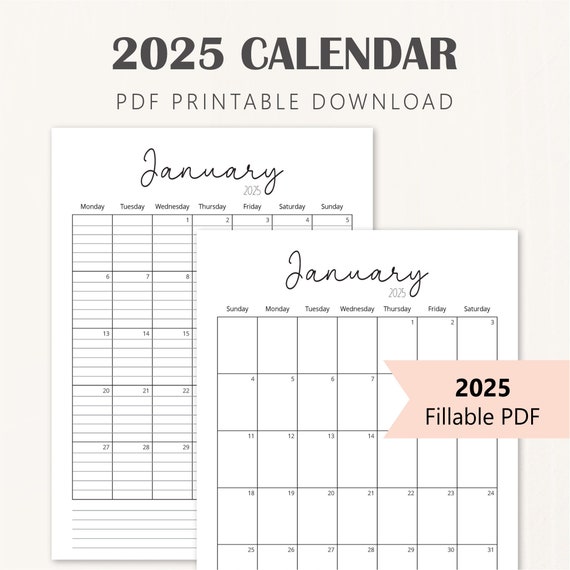 2025 calendars portrait lined u0026 blank monthly planner| fillable | 8.5x11 |  monday sunday start, minimalist template, pdf printable download - etsy  australia