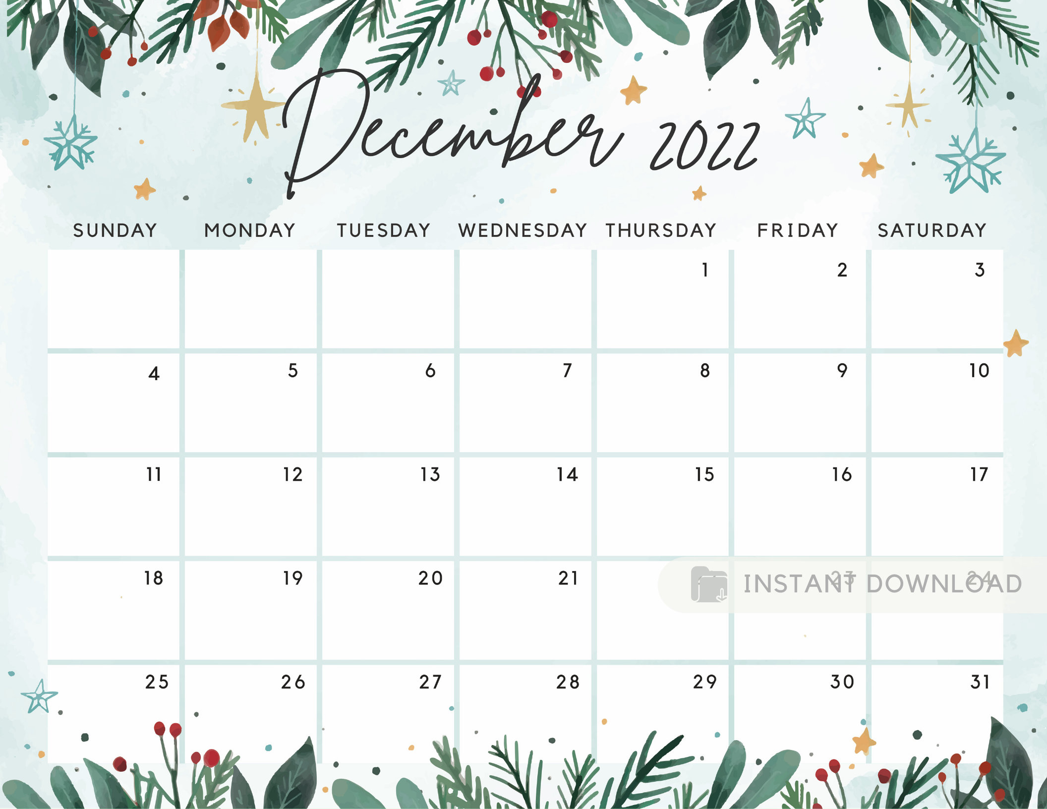 Print Blank Menu Calendar Christmas 2022 December 2022 Calendar Beautiful Winter White Christmas With | Etsy
