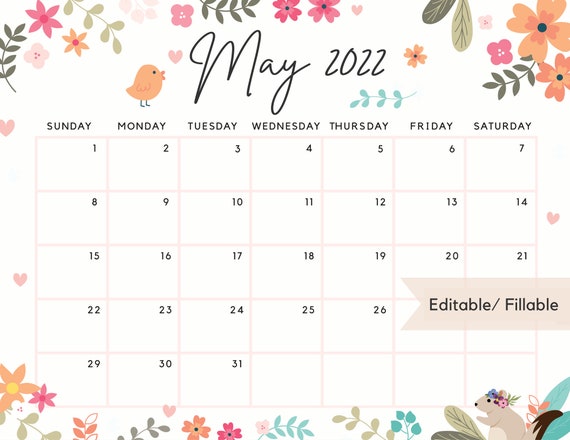 may 2022 calendar printable calendar planner lovely spring etsy