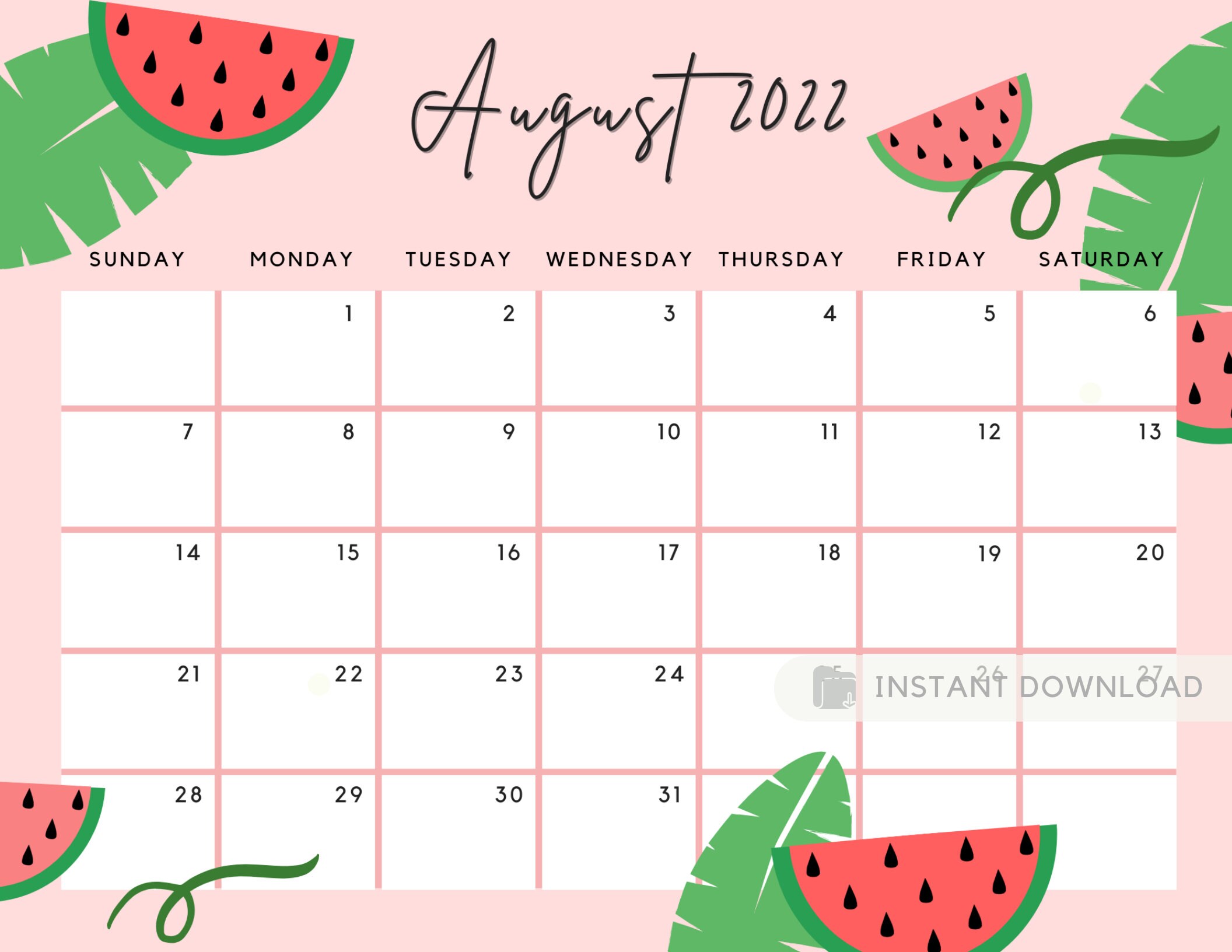 august 2022 calendar cute summer tropical leaves watermelon etsy