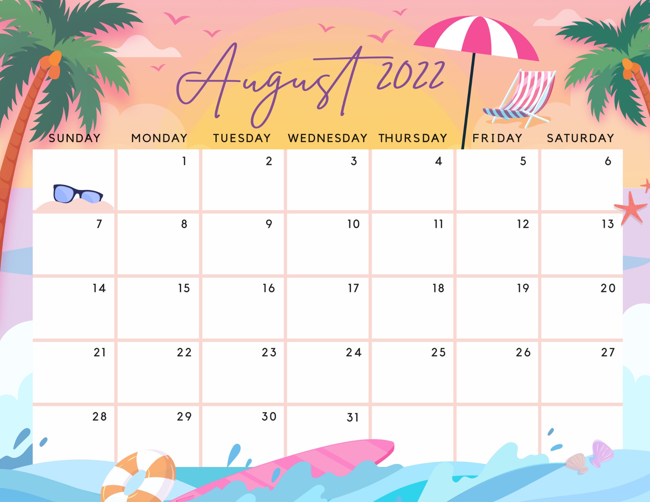 august 2022 calendar printable summer planner calendar cute etsy new zealand