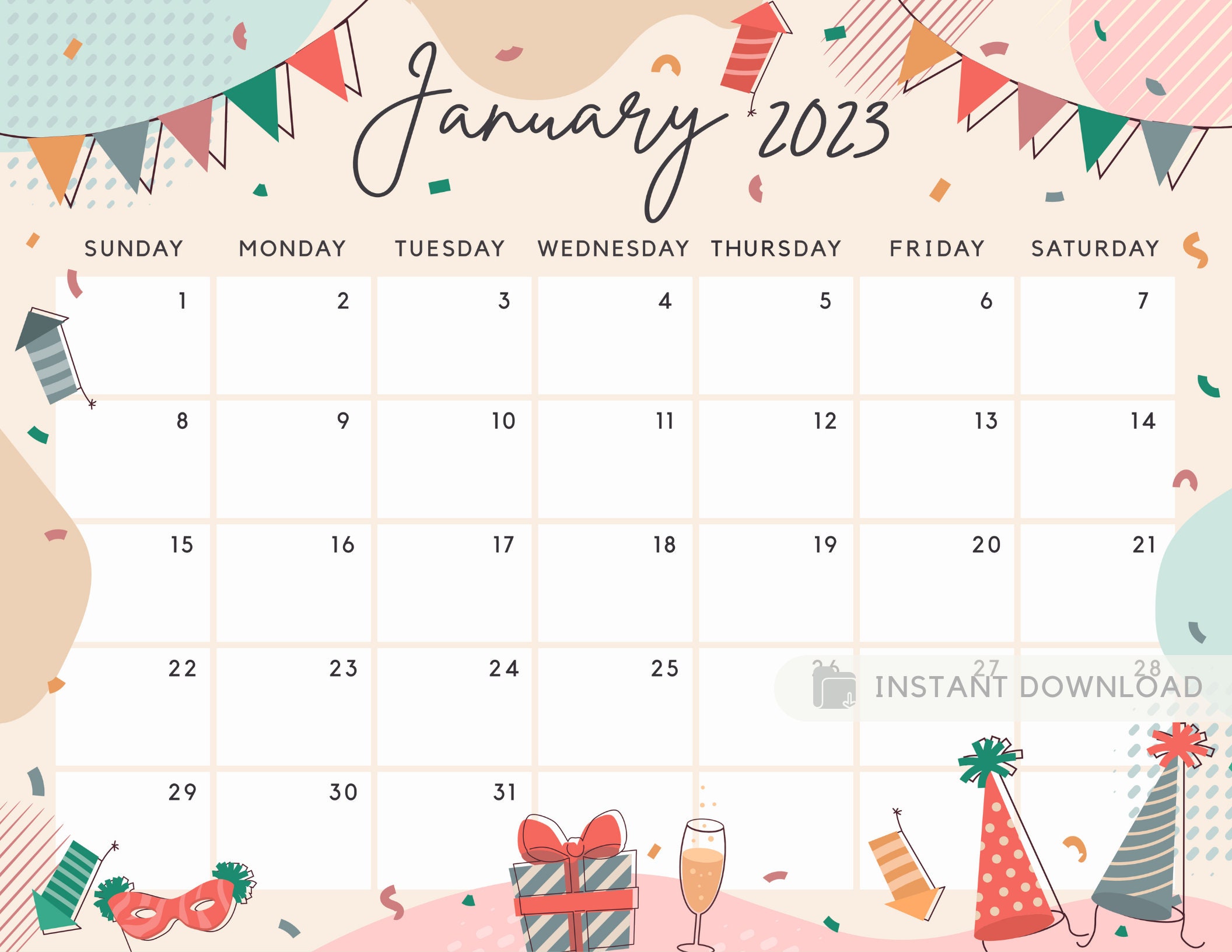 January 2023 Calendar Happy New Year Celebration Party Etsy Australia