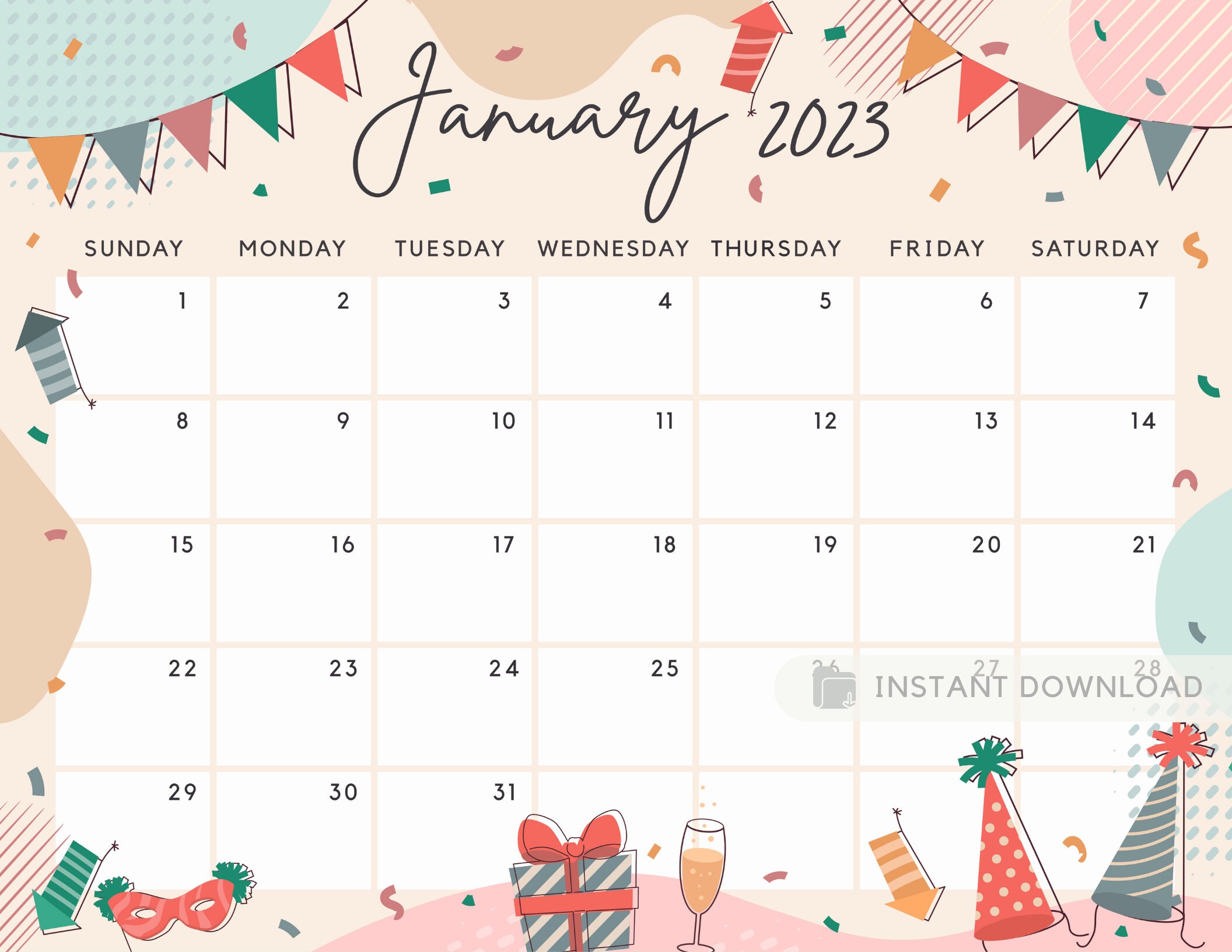 January 2023 Calendar Happy New Year Celebration Party Etsy Canada