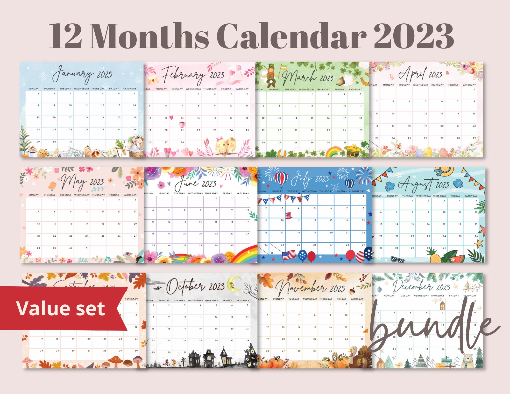 Calendar 2023 Bundle Pack January to December Monthly - Etsy Canada