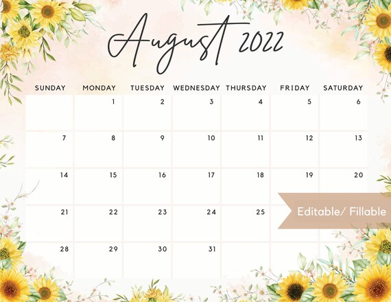 august 2022 calendar cute watercolor sunflower theme etsy