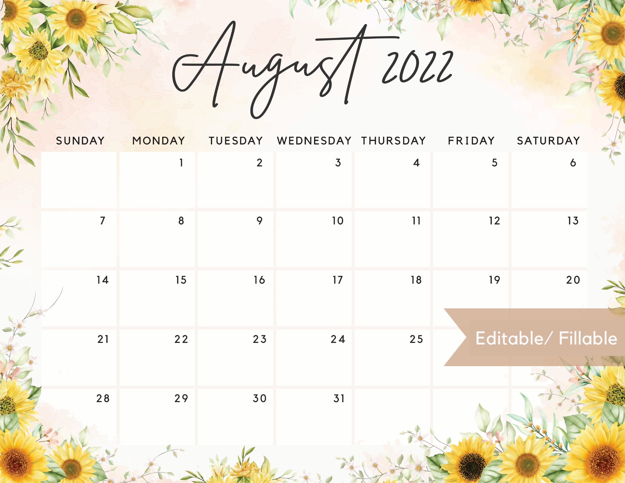 august 2022 calendar cute watercolor sunflower theme etsy