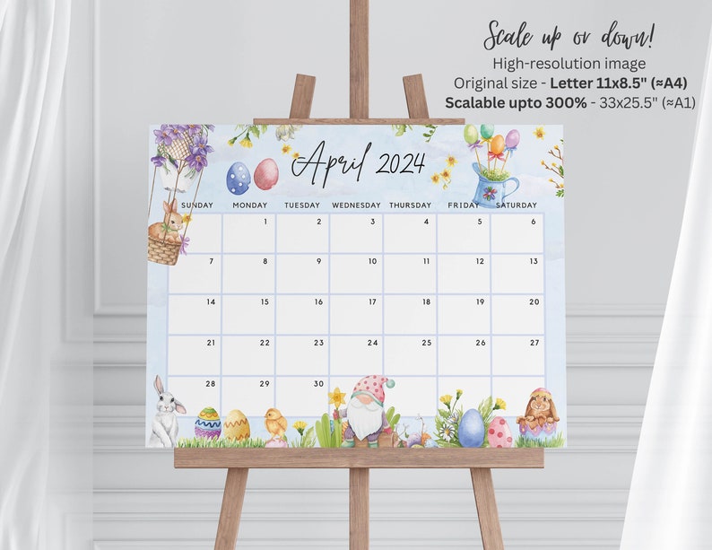 Printable April 2024 Calendar Fun Easter Bunny & Gnome Etsy Israel